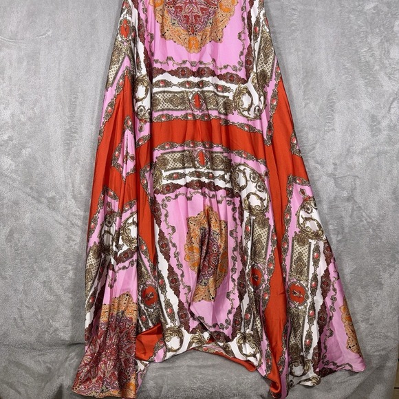 Aakaa Geometric Maxi Dress Size Large Pink Orange Red Multi Classic Halter Neck - Picture 9 of 12